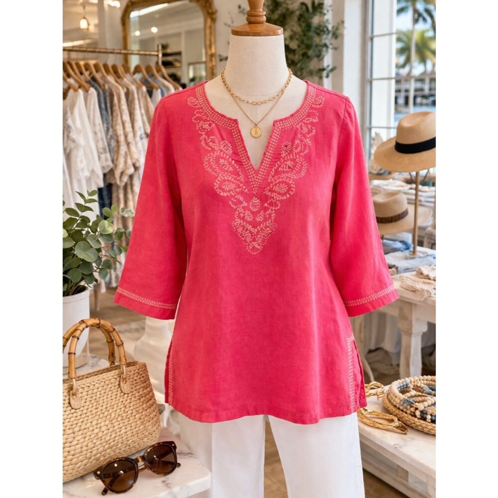 100% Linen Tunic Blouse M Coral Pink Embroidered Boho Beach Cruise Resort Wear